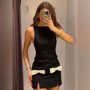 ZARA CONTRAST BOW MINI DRESS BLACK XS